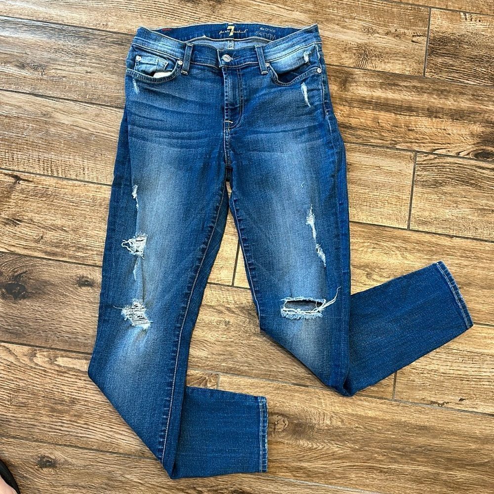 👖 Seven for All Mankind The Ankle Skinny Jeans - Size 28 - Med Wash Distressed